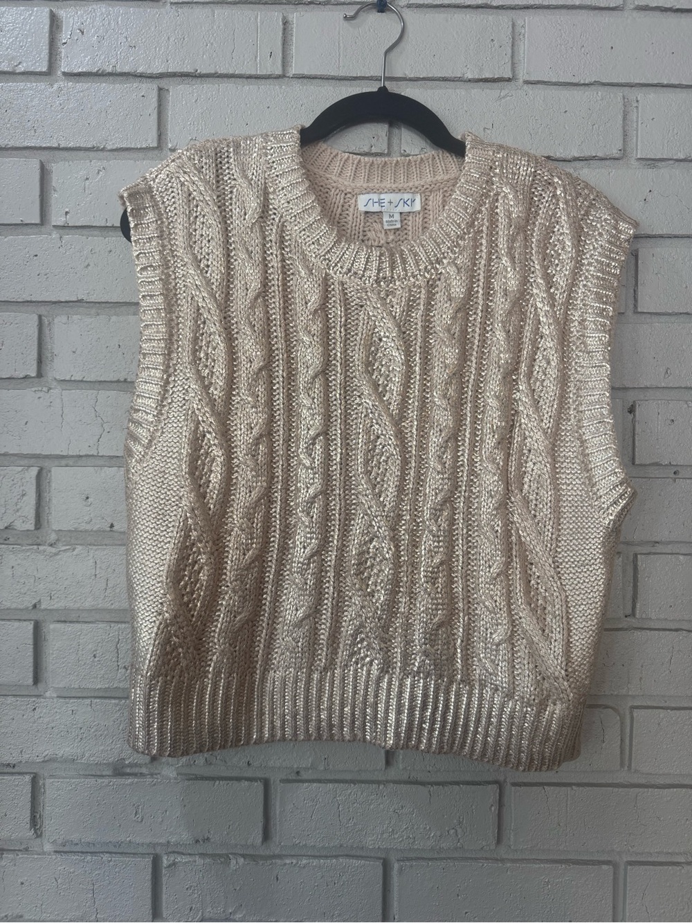 She + Sky Champagne Cable Knit Sleeveless Crewneck Sweater Gold Vest
